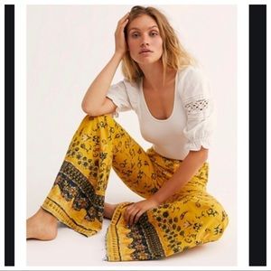 EUC Free People Just Float On Flare Jeans Mustard Yellow Blue Pattern 31 Bell